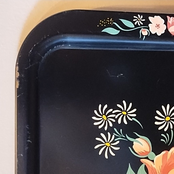 Black Tole Serving Tray Floral Metal Toleware Hand Painted Vintage - Picture 2 of 6